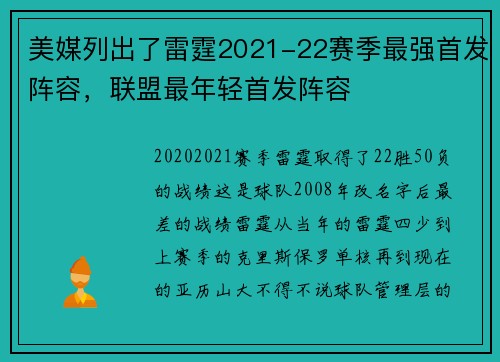 美媒列出了雷霆2021-22赛季最强首发阵容，联盟最年轻首发阵容