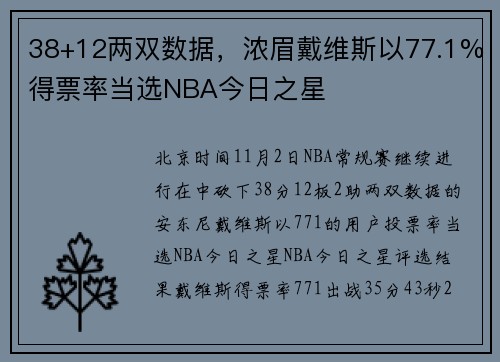 38+12两双数据，浓眉戴维斯以77.1%得票率当选NBA今日之星